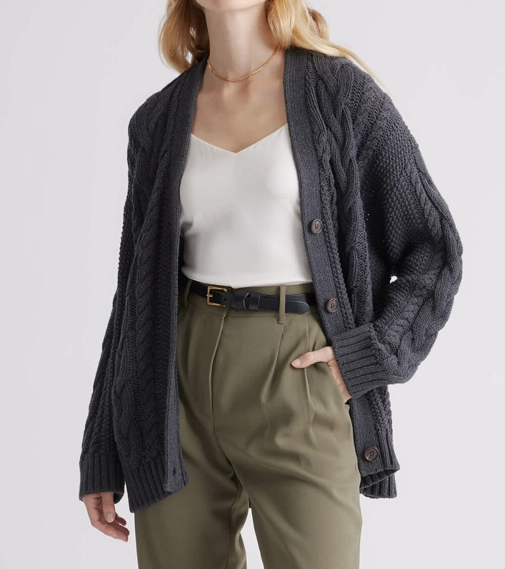 Quince Organic Cotton Oversized Cable Cardigan Sweater Charcoal Gray XS